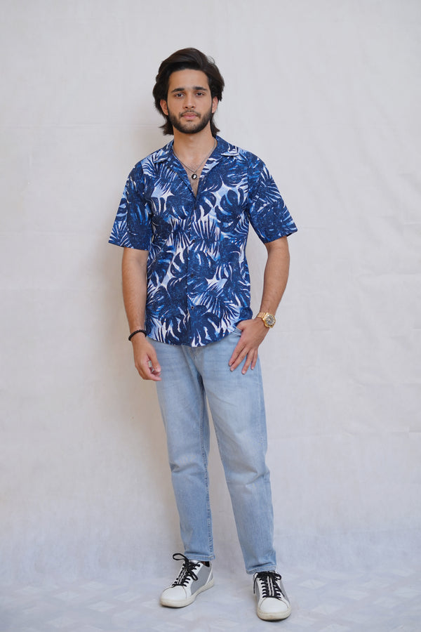 Blue Printed Resort Collar Shirt