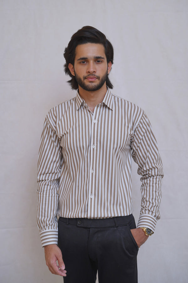 WHITE/BROWN STRIPE COTTON SHIRT